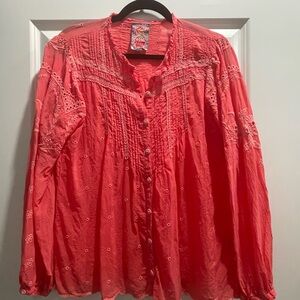 Johnny Was Helia Coral Embroidered Blouse
